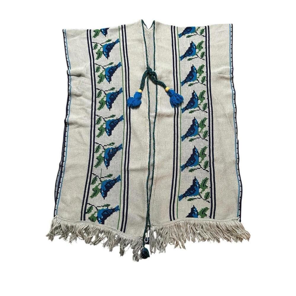 Vintage 1970s Woven Bird Motif Poncho Tie Front Cape Fringe Boho